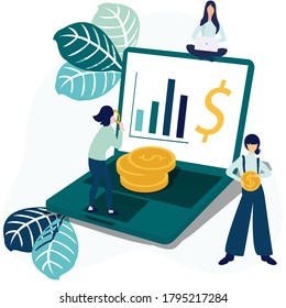 vector illustration of a business, office workers study infographics, analysis of the evolutionary scale, network promotion, search for new solutions ideas, teamwork in a company, brainstorming, achie