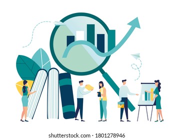 vector illustration of business, office workers are studying the infographic, the analysis of the evolutionary scale vector