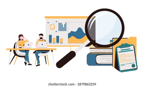 vector illustration of business, office workers are studying the infographic, the analysis of the evolutionary scale vector