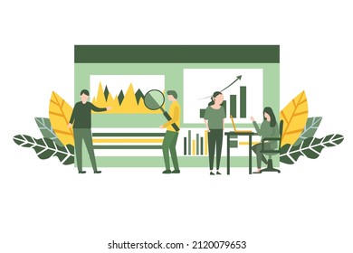 vector illustration of business, office workers are studying the infographic, data analysis, searching business stuck concept, target evaluation