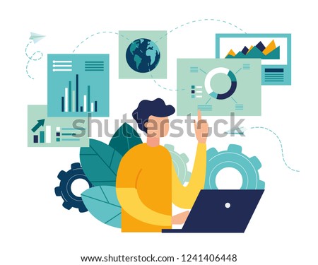 vector illustration of business, office workers are studying the infographic, the analysis of the evolutionary scale