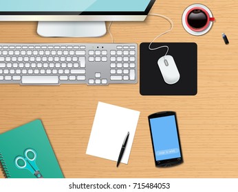 Vector illustration of Business office and workspace top view background