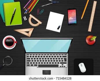 Vector illustration of Business office and workspace top view background