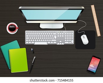 Vector illustration of Business office and workspace top view background