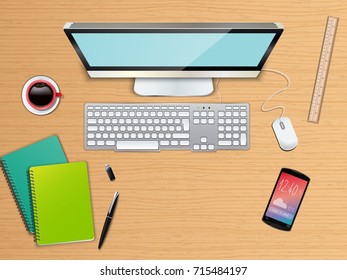 Ilustración vectorial de la oficina de negocios y el espacio de trabajo vista superior de fondo