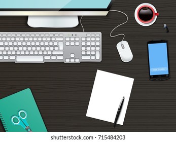Vector illustration of Business office and workspace top view background