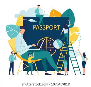 vector illustration business on white background, travel concept, a man sits near a passport and chooses a direction where to go, business trip