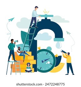 Vector illustration business on a white background. business, people, loaders - a successful team. Funding of creative projects. Getting money from the faucet, water consumption, money for water