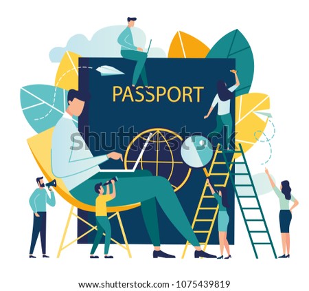 vector illustration business on white background, travel concept, a man sits near a passport and chooses a direction where to go, business trip