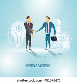 vector illustration. business partners create a startup. investor and creator of the project shake hands and conclude a business deal. graph business finance and creative ideas