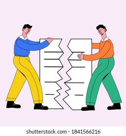 vector illustration - business partners tearing apart legal document - contract. Business partners quarreling and angry. Concept of conflict in the office between colleagues. Doodle style eps8