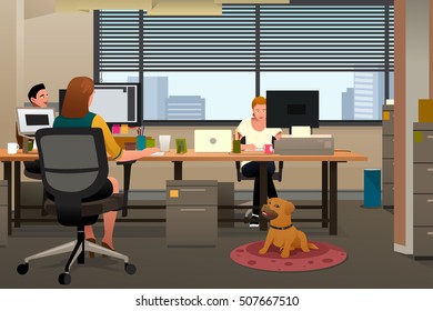 A vector illustration of Business People Bringing Pet to Office