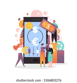 Vector illustration of business people changing US dollars to euros and vice versa using smartphone. Mobile currency exchange service concept for web banner, website page etc.