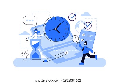 Vector illustration of business people with clocks, schedule and laptop. Cartoon characters working on white background. Productive time management concept. Best planning for business