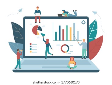 Vector illustration of business people concept and theme. Graph analysis work via notebook computer.