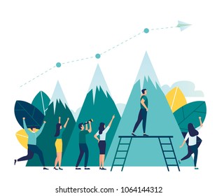 vector illustration business. business people conquer the mountain. metaphor the way to the goal and the distribution of seats between the participants. visible career growth, vector