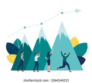 vector illustration business. business people conquer the mountain. metaphor the way to the goal and the distribution of seats between the participants. visible career growth, a company of workers rej