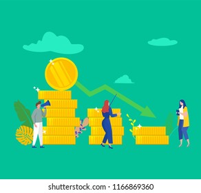 vector illustration of business people facing money chart graphic going down, money loss vector template background isolated, can be use for presentation, wallpaper, banner ui ux, landing page, 