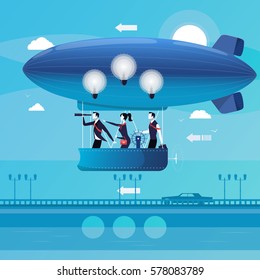 Vector illustration of business people flying on aerostat. Electric light bulbs over their heads. Businessman watching in spyglass. Business vision , new ideas concept design element in flat style.