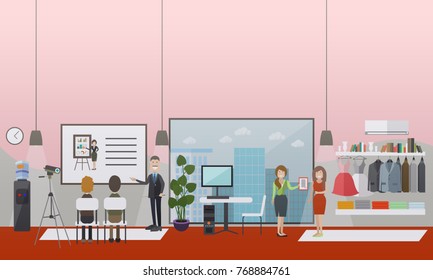 Vector illustration of business people giving presentation, receiving certificate after completing workshop or seminar. Office interior. Office life concept, flat style design.