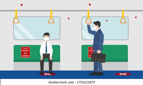 Ilustración vectorial de los empresarios Ir a trabajar en el tren, mantener el distanciamiento físico y usar máscara médica protectora para prevenir el virus en el transporte público en un nuevo día normal