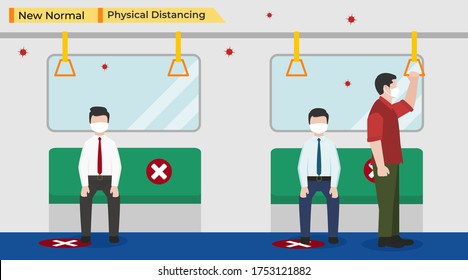 Vector illustration of business people Go to work on the train, keep physical distancing and wearing protective medical mask for prevent virus in public transportation on a New Normal day