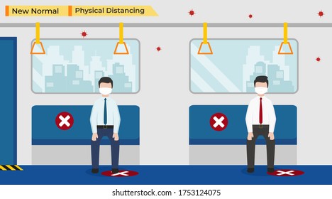 Vector illustration of business people Go to work on the train, keep physical distancing and wearing protective medical mask for prevent virus in public transportation on a New Normal day