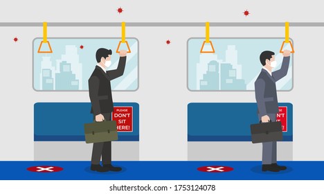 Vector illustration of business people Go to work on the train, keep physical distancing and wearing protective medical mask for prevent virus in public transportation on a New Normal day
