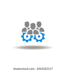 Vector illustration of business people group and gear wheels mechanism. Icon of facilitation. Symbol of facilitator service.