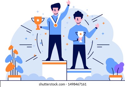 Vector Illustration Business people have winner the championship competition best and get medal trophy flat and outline design style