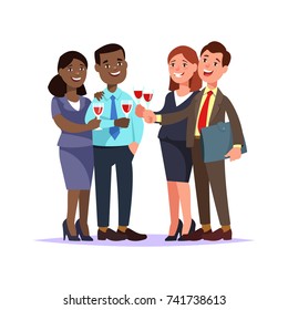 Vector illustration business people holding wine glasses and celebrate the conclusion of the contract. Office party with colleagues cartoon style.