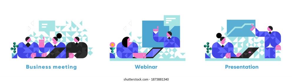 Vector illustration. Business people. Business icons, webinar, meeting, presentation. Abstract, background patterns, triangular mosaics, stylized polygonal images, geometric backgrounds, large width.