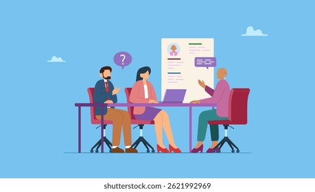 Vector illustration of business people interviewer asking questions and a young woman potensial employee answers. A young woman interviewer asking questions and a man, potensial employee answers them.