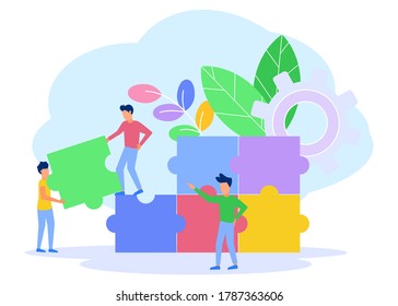 Vector illustration, business people involved in teamwork in their company, people taking the details of the puzzle, organizing and matching it. Modern business concept.