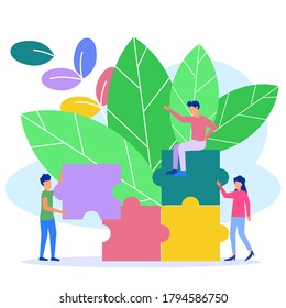Vector illustration, business people involved in teamwork in their company, people taking the details of the puzzle, organizing and matching it. Modern business concept.