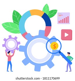 Vector illustration, business people involved in teamwork, business mechanism, abstract background with gears, career to success, strategy analysis.