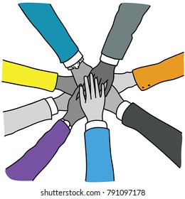 Vector illustration of business people join hands, putting together in concept of cooperation, collaboration, teamwork. Top view, close up, linear, thin line art, hand drawn sketch, simple color.