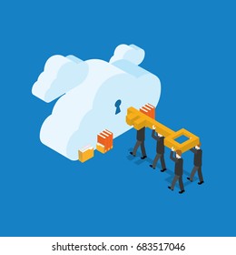 Vector illustration. Business people with key and clouds with keyholes. Isometric flat design. Storage concept. Light blue background