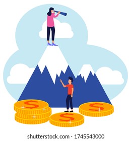 Vector illustration of business, business people looking for ways to aim at them, climbing mountains that will take the summit, looking into the perspective of the future. Income success increases.
