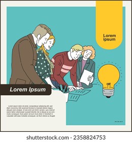 Vector illustration of a business people looking at a light bulb with template design