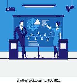 Vector Illustration Of Business People Making Presentation. Woman Pointing At Chart, Diagram On Projection Screen. Business Presentation Concept Design Element In Flat Style.