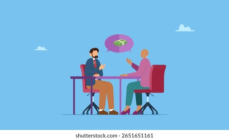 Vector illustration of business people manager negotiate salary with new employee. Salary negotiation or job wage income, reward or pay rate, employment incentive in a job offer.