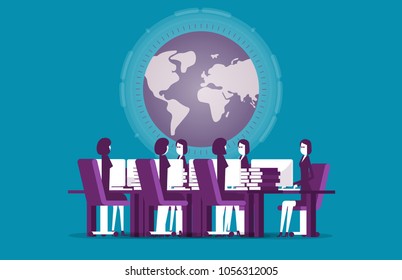 Vector illustration of business people meeting. Concept globe businesssocial media.