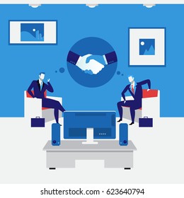 Vector illustration of business people meeting and handshake symbol. Business agreement, partnership concept flat style design.