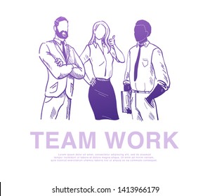 Vector illustration of business people, office workers, company stand  isolated isolated on white background. Hand drawn sketch style. Partnership, team work, consulting, support concept. Banner, app.