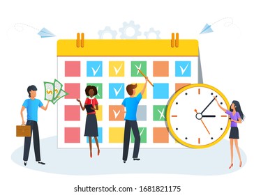 Vector illustration, business people planning schedule, businessman is planning his work, tasks scheduling, reminder and timetable. Save time and money. Financial investments. Deadline
