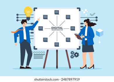 Ilustración vectorial de personas de negocios que planean la transformación digital con notas adhesivas en la estrategia de innovación de pizarra