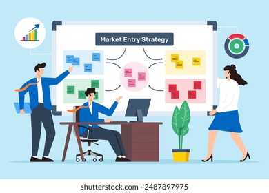 Vector illustration of business people planning market entry strategy with sticky notes on whiteboard geographic expansion