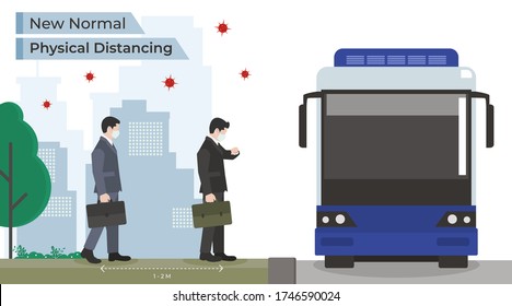 Vector illustration of Business people queue for public transportation, keep Physical distancing and wearing protective medical mask for prevent virus in the city on a New normal day. good for footage