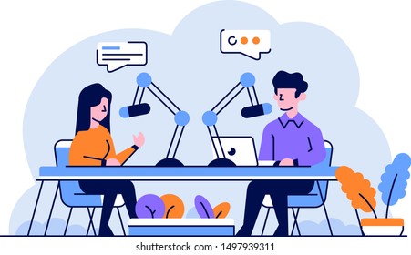 Vector Illustration Business people Radio Broadcast Podcast doing conversation talk content creator flat and outline design style